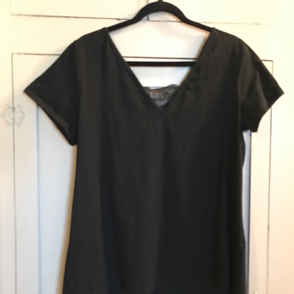 Black t shirt with lace inserts front and back.